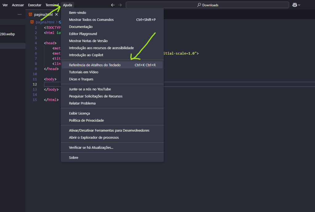 onde ver os atalhos no vscode