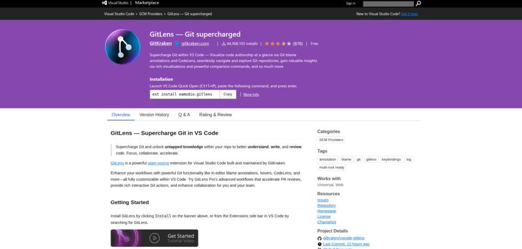 gitlens no marketplace do vscode