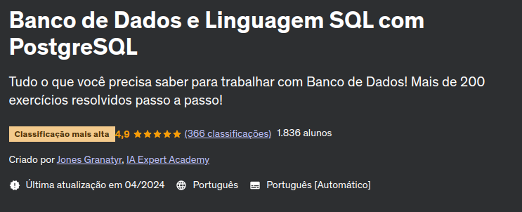 Banco de Dados e Linguagem SQL com PostgreSQL Udemy